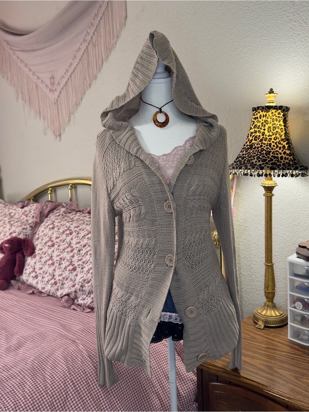 Y2K Women's Hooded Button-Front Knit Cardigan Sweater - Taupe - Picture 4 of 9